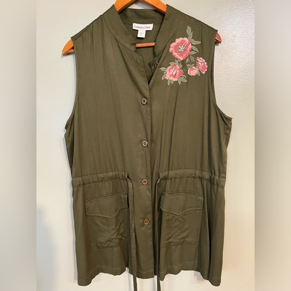 Coldwater Creak Womens Green Embroidered Button Up Vest Waist String M